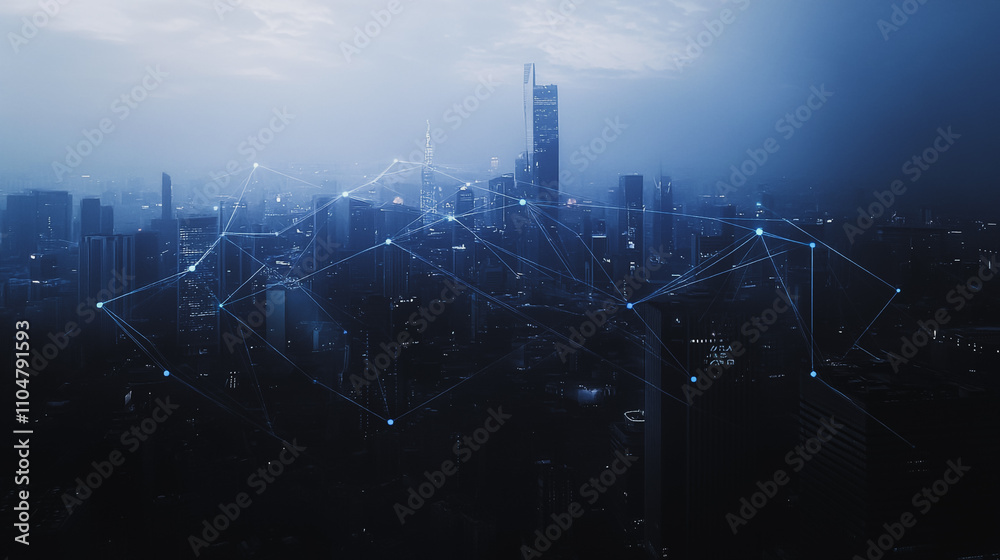 Smart digital city with connection cyber security network reciprocity over the twilight cityscape.future wireless digital city and social media networking systems that connects people within the city Smart digital city with connection cyber security network reciprocity over the twilight cityscape.future wireless digital city and social media networking systems that connects people within the city