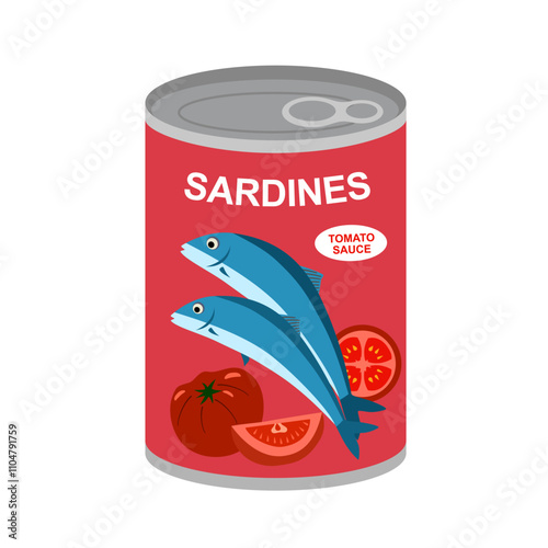 Canned sardines in tomato sauce flat design vector illustration.