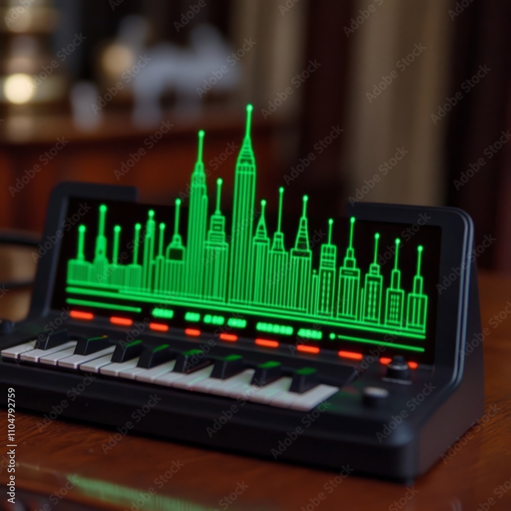 A synthesizer with a city skyline displayed on its screen. A synthesizer with a city skyline displayed on its screen.