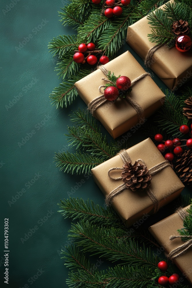 Top View of Beautifully Wrapped Christmas Presents Surrounded by Evergreen Branches and Red Berries on a Rich Dark Surface Top View of Beautifully Wrapped Christmas Presents Surrounded by Evergreen Branches and Red Berries on a Rich Dark Surface