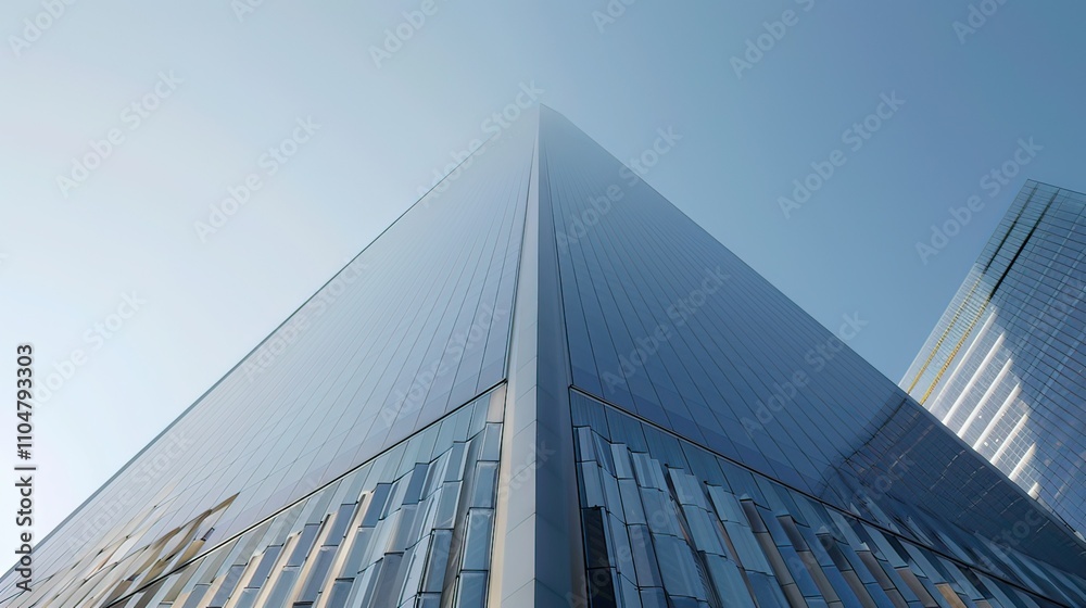 A sleek modern skyscraper with glass and steel features under a clear sky. A sleek modern skyscraper with glass and steel features under a clear sky.