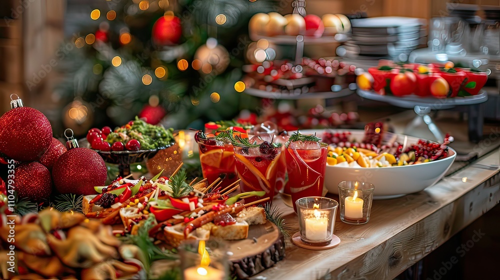 A table with Christmas-themed food, drinks, and decorations in a lively party setting. A table with Christmas-themed food, drinks, and decorations in a lively party setting.