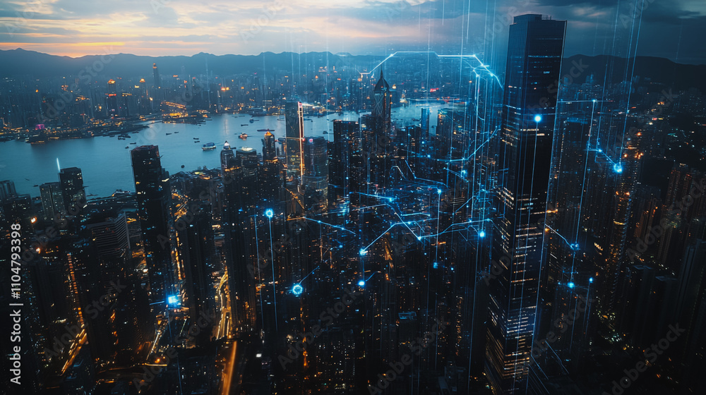 Fototapeta premium Smart digital city with connection cyber security network reciprocity over the twilight cityscape.future wireless digital city and social media networking systems that connects people within the city