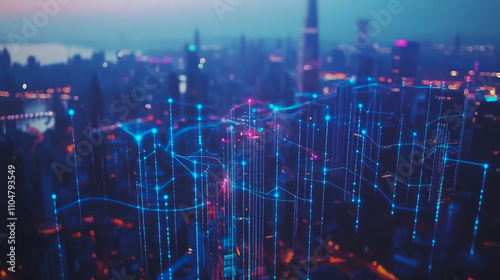 Smart digital city with connection cyber security network reciprocity over the twilight cityscape.future wireless digital city and social media networking systems that connects people within the city