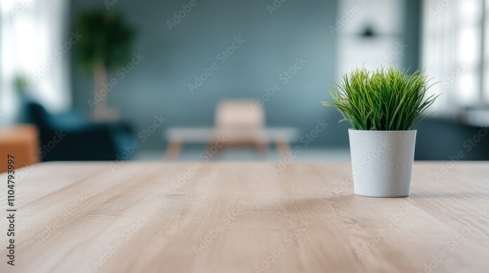 Fototapeta premium Modern interior with a potted plant on a wooden table.