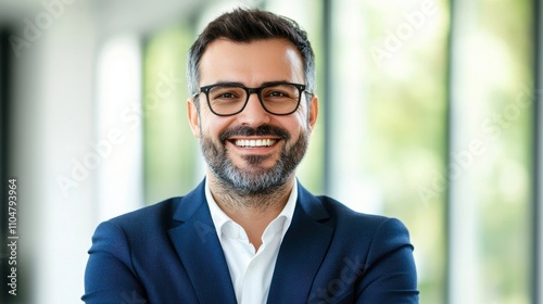 Smiling businessman in a modern office setting with natural light.