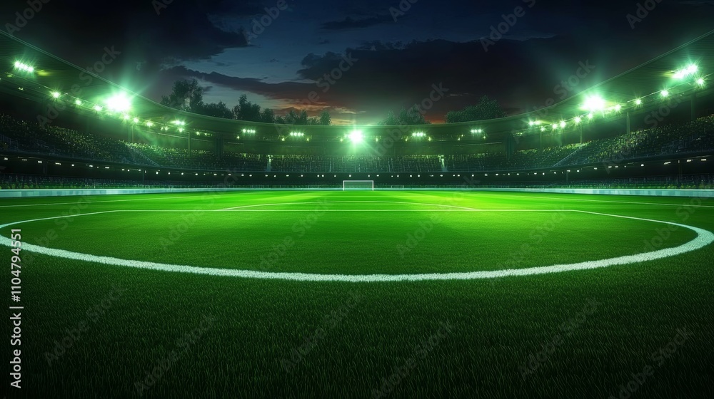 Illuminated Soccer Stadium at Night with Green Grass Field and Empty Stands Illuminated Soccer Stadium at Night with Green Grass Field and Empty Stands