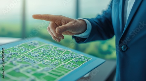 Businessman analyzing map on digital tablet indoors.