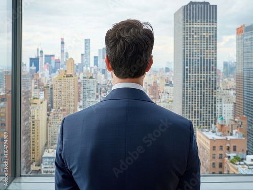 Businessman gazing out at a city skyline from an office window