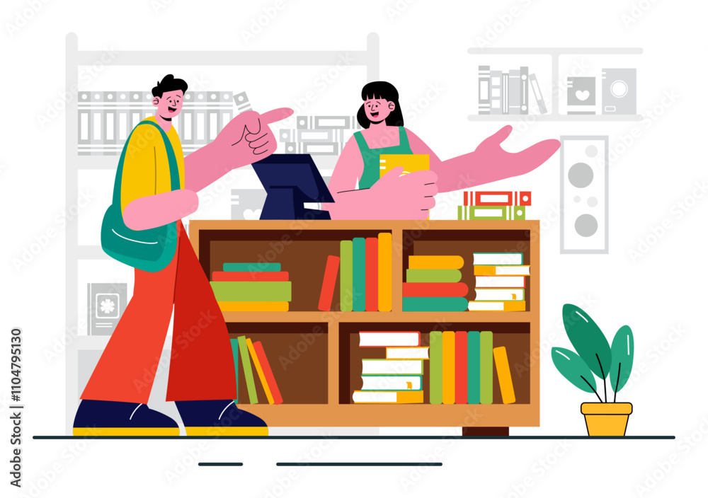 Bookstore Vector Illustration featuring a School Library Room for Studying, Reading, Education, Self Development, and Literature in a Flat Background Bookstore Vector Illustration featuring a School Library Room for Studying, Reading, Education, Self Development, and Literature in a Flat Background