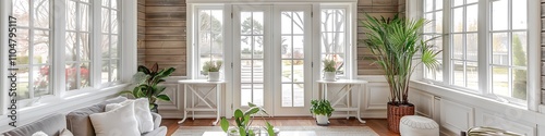 Sunroom with white French doors, wooden walls, grey wood paneling, cream window frames, plants, coffee table near entrance, front door view.