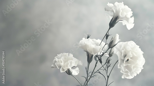 delicate white carnations on soft grey elegant sympathy card design. created with Generative AI technology