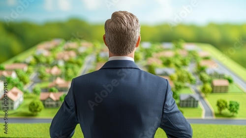 Businessman observing architectural model of a miniature city.