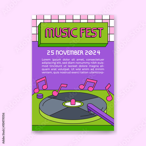 Music Festival Promotional Poster Featuring a Turntable Design and Musical Notes Cartoon vector illustration retro Hand drawn