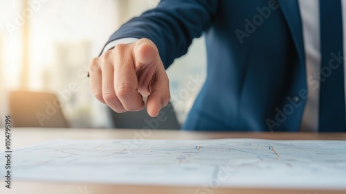 Businessman pointing at a map on a conference table.