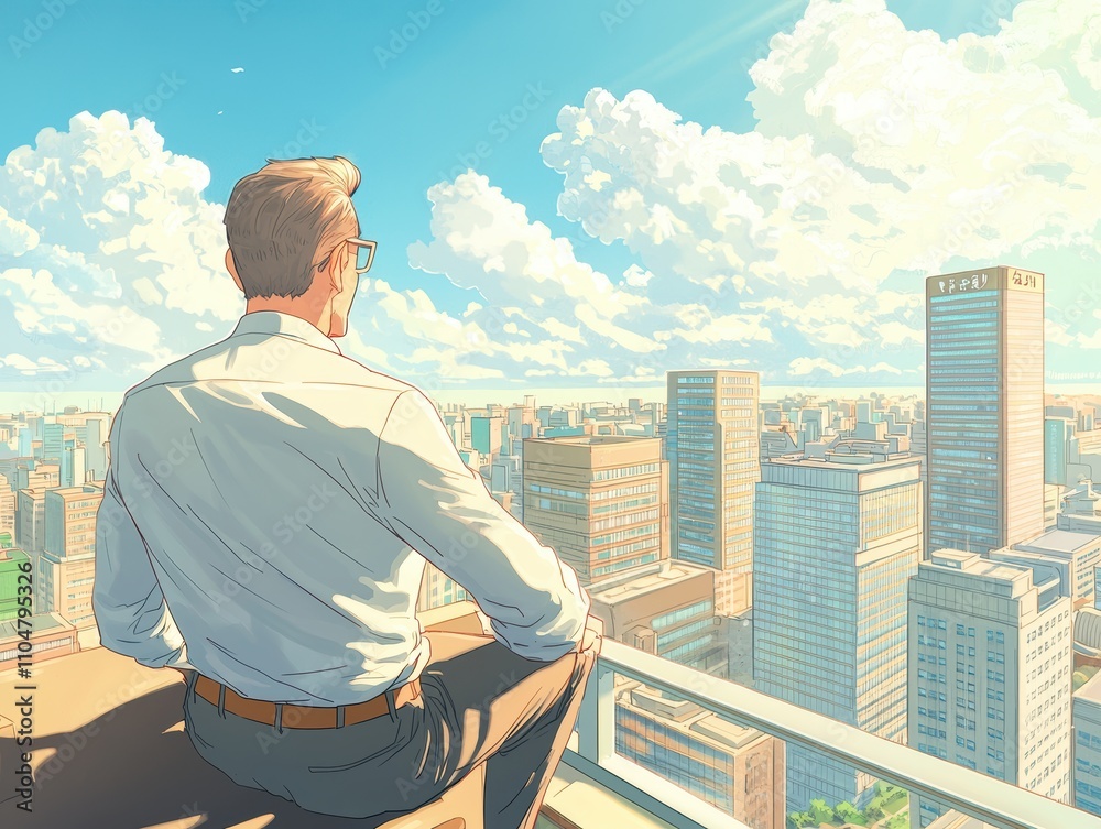 Businessman sitting on rooftop, city skyline view, daytime Businessman sitting on rooftop, city skyline view, daytime