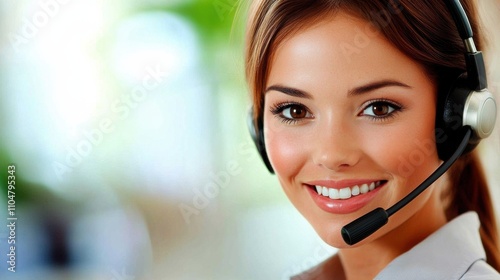 Smiling woman with headset in a bright office setting. photo