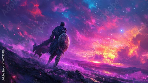 Heroic Figure in Vibrant Cosmic Landscape with Shield at Dusk