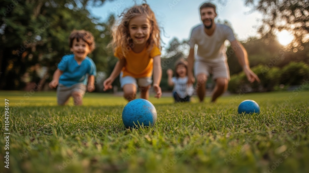A joyful family playing with blue balls on a grassy field during sunset.