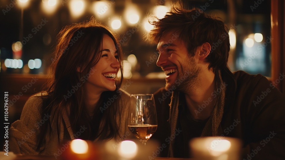 Happy couple laughing together at romantic dinner. Happy couple laughing together at romantic dinner.