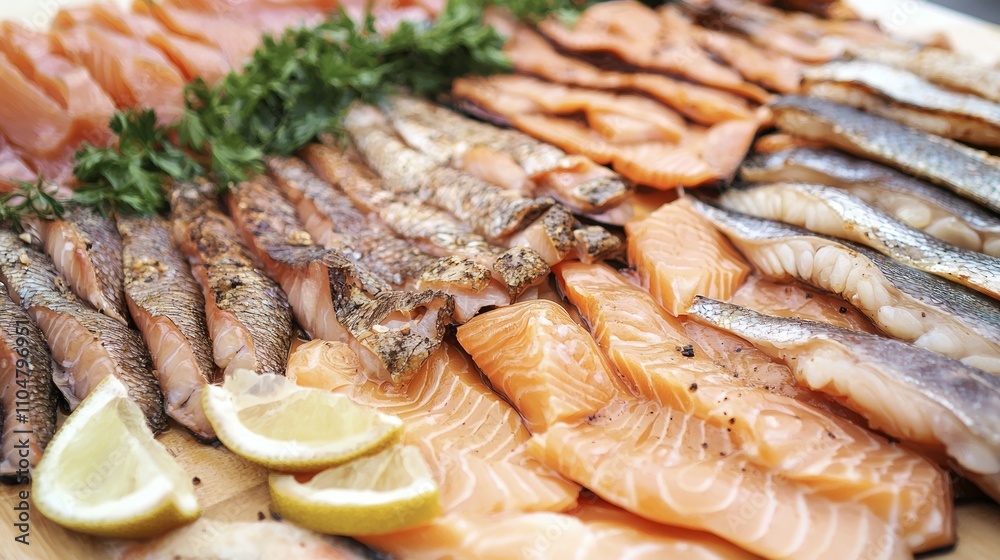 Exquisite Smoked Fish Platter Close-up: Texture and Color Variety in Ultra-Detailed Display Exquisite Smoked Fish Platter Close-up: Texture and Color Variety in Ultra-Detailed Display