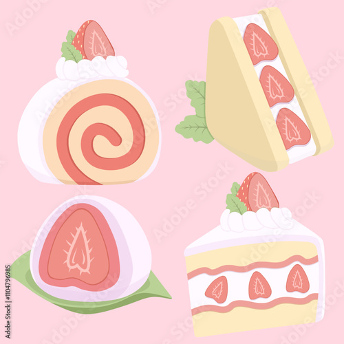 Cute Strawberry Dessert Cartoon Illustration 