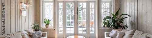 Sunroom with white French doors, wooden walls, light grey paneling, cream window frames, plants and coffee table near entrance, front door view.