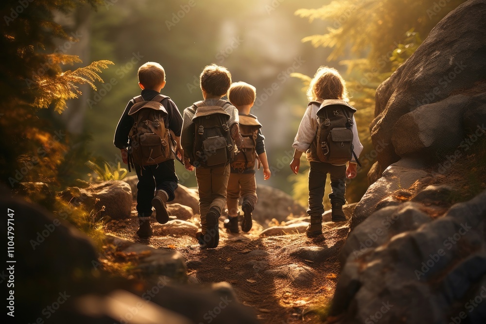 group of kids walking in the mountains group of kids walking in the mountains