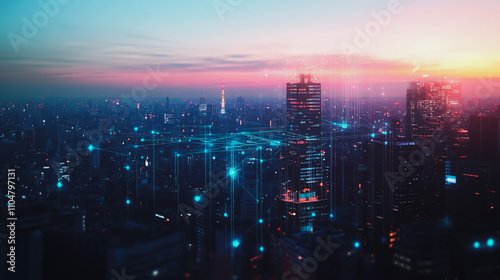 Wallpaper Mural Smart digital city with connection cyber security network reciprocity over the twilight cityscape.future wireless digital city and social media networking systems that connects people within the city Torontodigital.ca