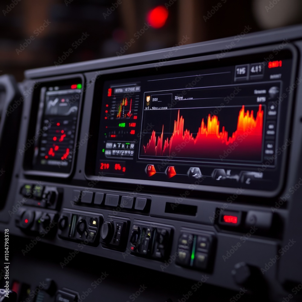Close-up of a vehicle's digital dashboard displaying various data graphs and metrics.