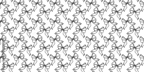 Pattern of black bows on white background. Hand drawn bow with ribbons pattern. Hair bows vector pattern. Bows for gift decoration cover