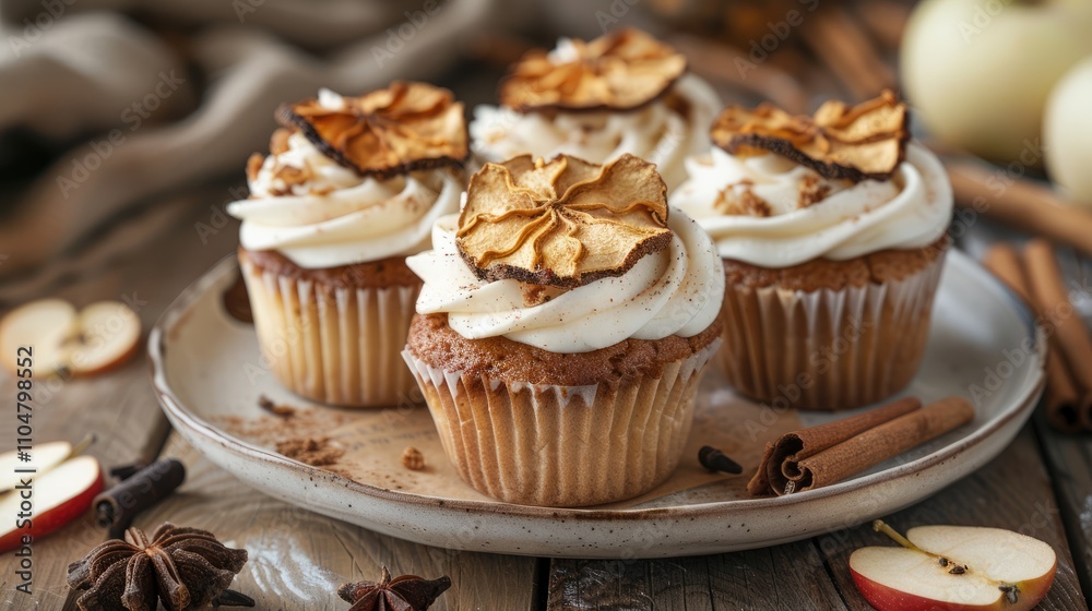 Autumn-themed apple cupcakes topped with cream cheese frosting, dried apple slices, and cinnamon. Homemade pastry on a ceramic plate for a festive morning table setting. Autumn-themed apple cupcakes topped with cream cheese frosting, dried apple slices, and cinnamon. Homemade pastry on a ceramic plate for a festive morning table setting.
