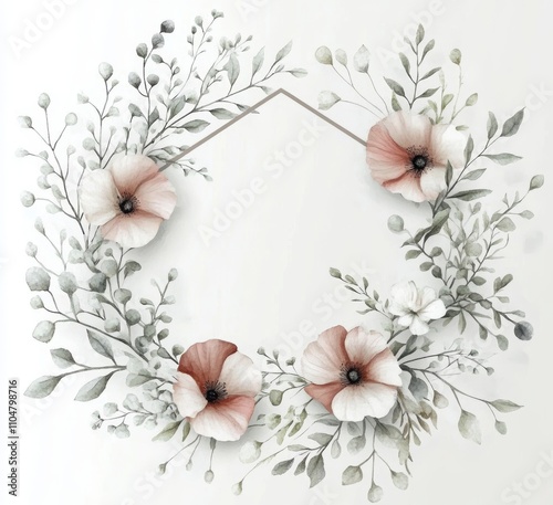 Floral Wreath with Red Poppies White Flowers Green Foliage Botanical Frame Watercolor Design