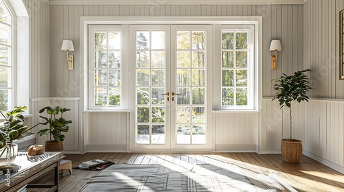 Sunroom with white French doors, wooden walls, light grey paneling, cream window frames, plants, coffee table near entrance, front door view.
