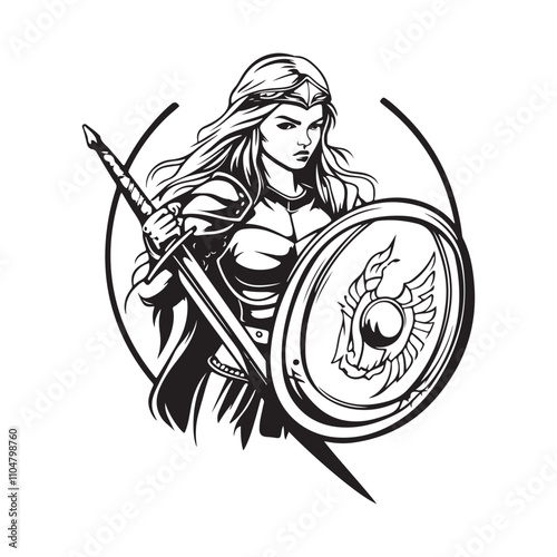 Girl Viking Fighter With Sword And Shield stock  image Vector isolated on white background photo