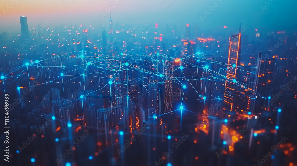 Obraz premium Smart digital city with connection cyber security network reciprocity over the twilight cityscape.future wireless digital city and social media networking systems that connects people within the city
