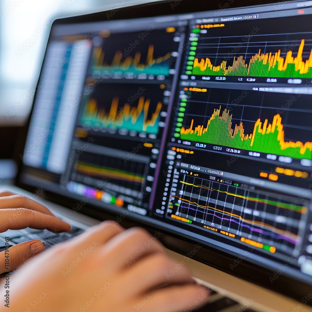 Close-up of hands using laptop displaying financial charts and graphs. Close-up of hands using laptop displaying financial charts and graphs.