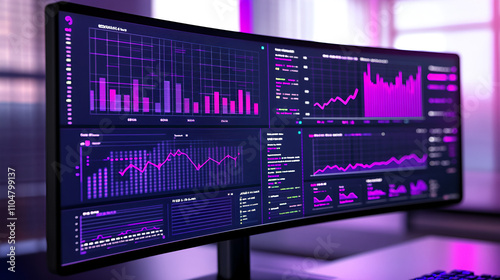 Computer monitor displaying an abstract network monitoring dashboard with real-time data analytics, graphs, and system health indicators.