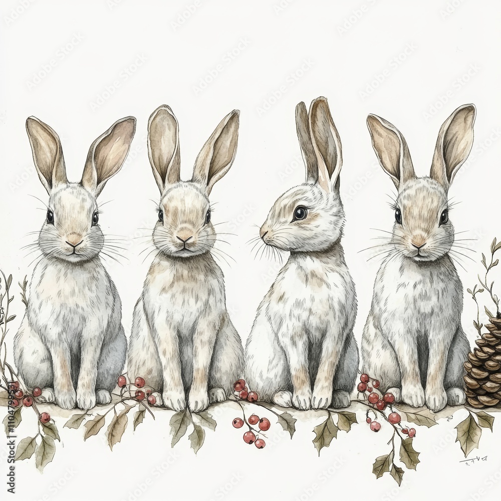 Fototapeta premium Seamless Pattern of Rabbits Berries and Botanical Elements Watercolor Design