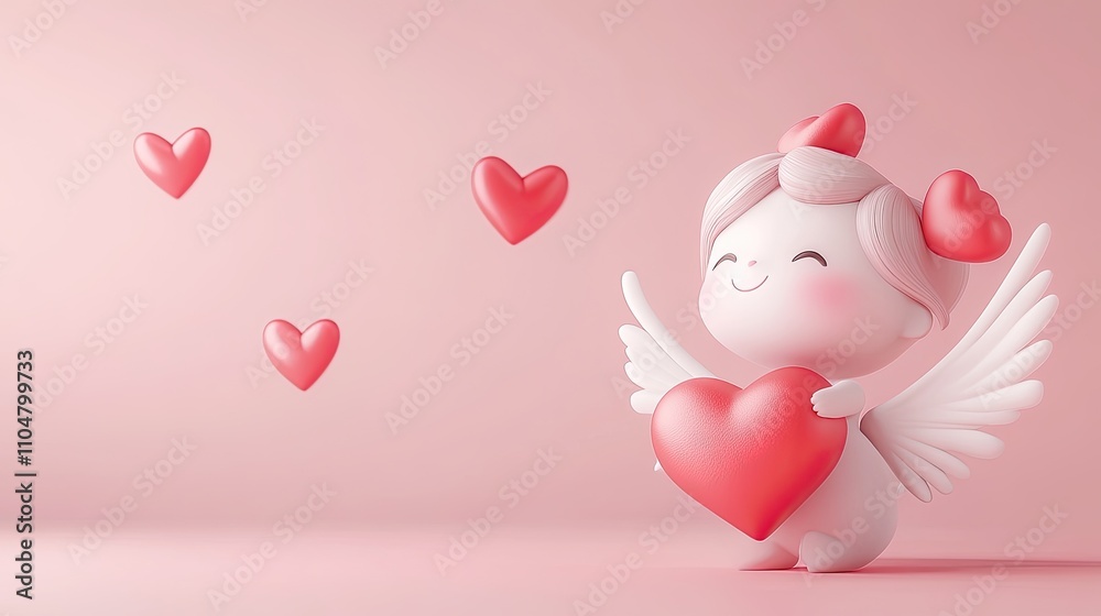 3D rendering of a cute cupid holding a heart, against a pink background, with a simple design and shape 3D rendering of a cute cupid holding a heart, against a pink background, with a simple design and shape