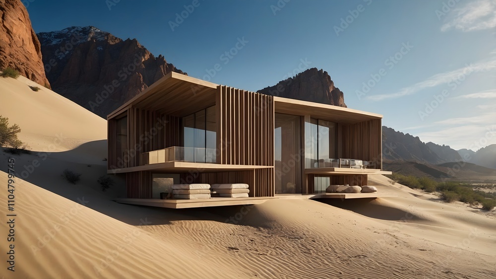 Desert-inspired modern cabins featuring natural wood facades, sleek minimalist interiors, and expansive views of rugged landscapes, offering a serene escape for ultimate relaxation and tranquility. (A Desert-inspired modern cabins featuring natural wood facades, sleek minimalist interiors, and expansive views of rugged landscapes, offering a serene escape for ultimate relaxation and tranquility. (A
