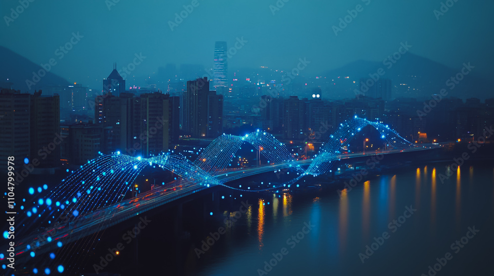 Obraz premium Smart digital city with connection cyber security network reciprocity over the twilight cityscape.future wireless digital city and social media networking systems that connects people within the city