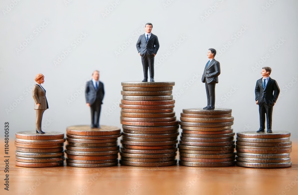 Diverse Business Miniature Figures on Stacked Coins Representing Income Disparity and Financial Success Diverse Business Miniature Figures on Stacked Coins Representing Income Disparity and Financial Success