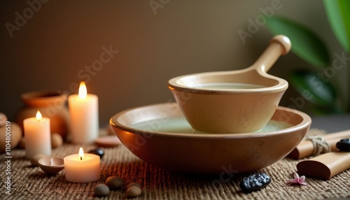 Aromatic setting with candles and clay bowls