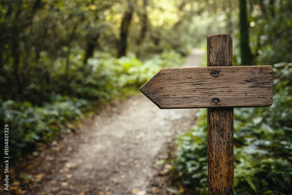 Directional Wooden Sign Along a Forest Pathway Directional Wooden Sign Along a Forest Pathway
