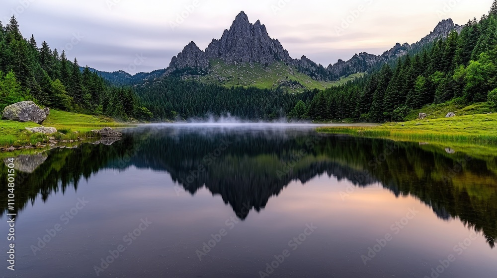 Serene Mountain Lake Reflection at Dawn Misty Peak Coniferous Forest