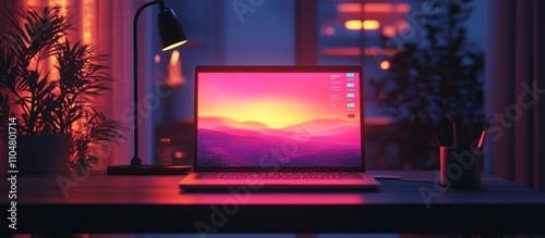 A laptop with a bright pink and orange sunset wallpaper sits on a desk in a dimly lit room. The laptop is open and ready to use. There are a few plants and a lamp on the desk.