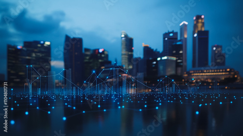 Smart digital city with connection cyber security network reciprocity over the twilight cityscape.future wireless digital city and social media networking systems that connects people within the city