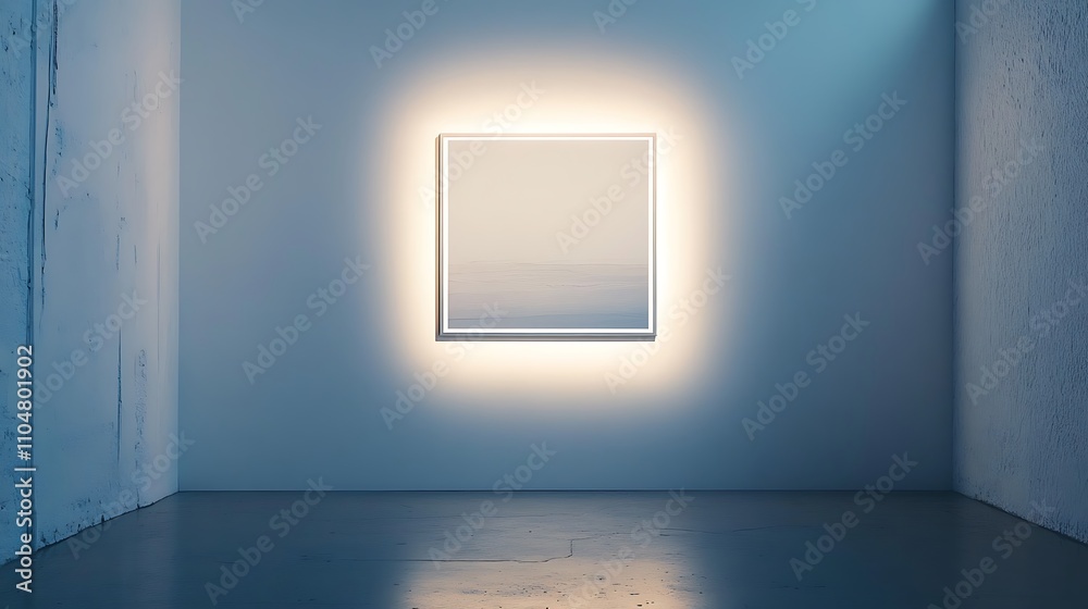 A smooth white drywall with a single framed picture hanging in the center, illuminated by soft light A smooth white drywall with a single framed picture hanging in the center, illuminated by soft light