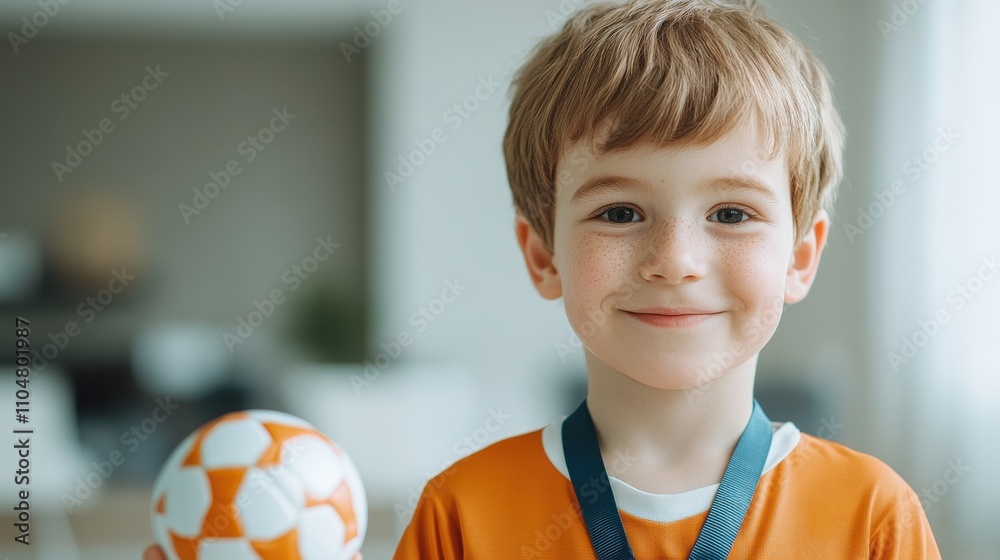 Smiling boy in orange jersey holding a soccer ball at home. Smiling boy in orange jersey holding a soccer ball at home.